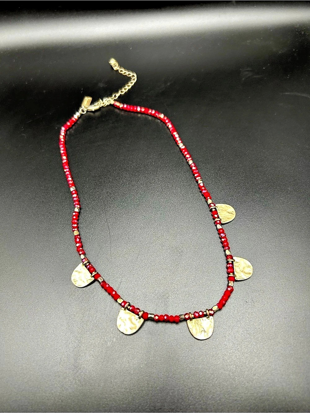 Canvas Beaded Pendant Necklace in Red & Gold Like New